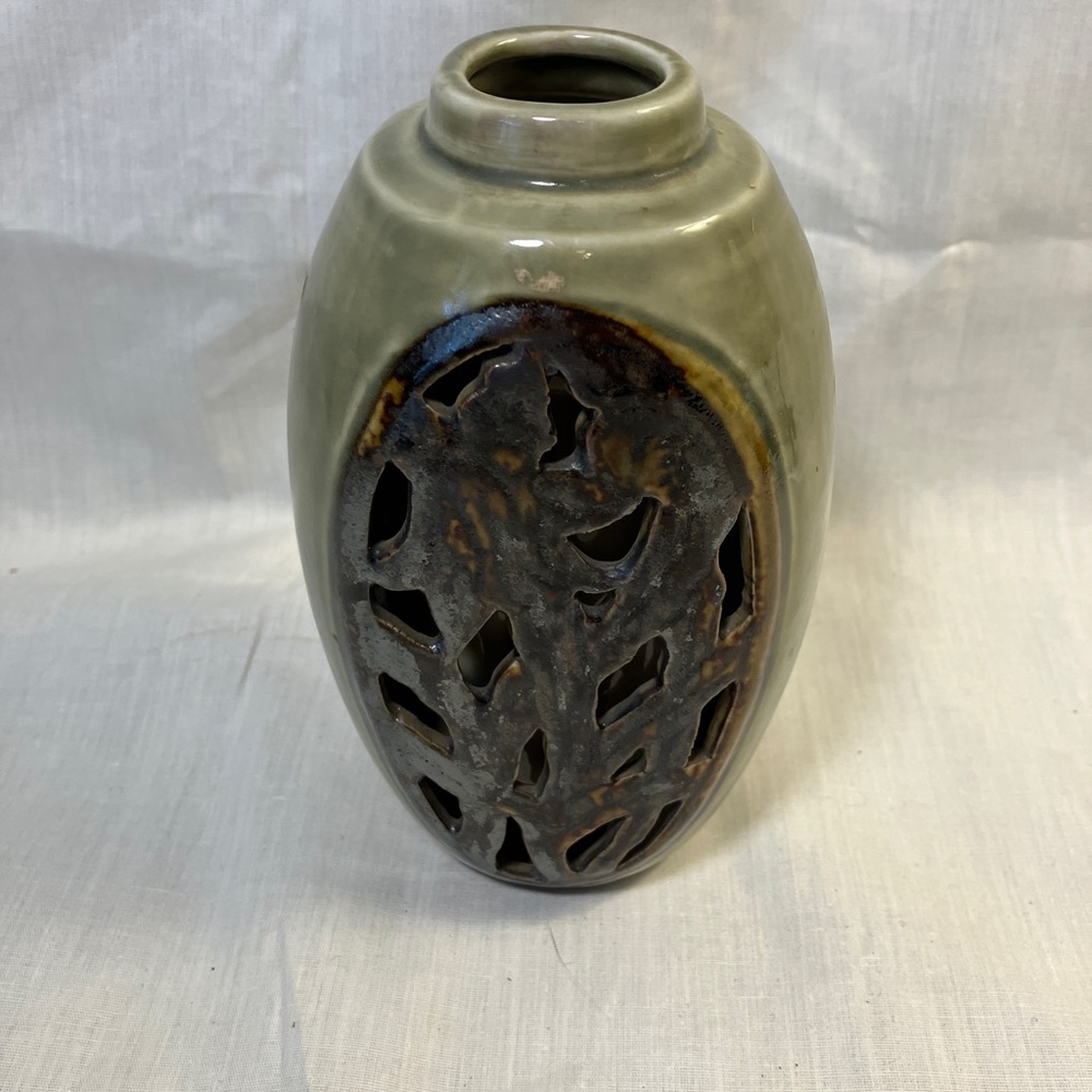 Unique Double walled Ceramic Vase with Pierced Cut Out Branch and leaves Design.